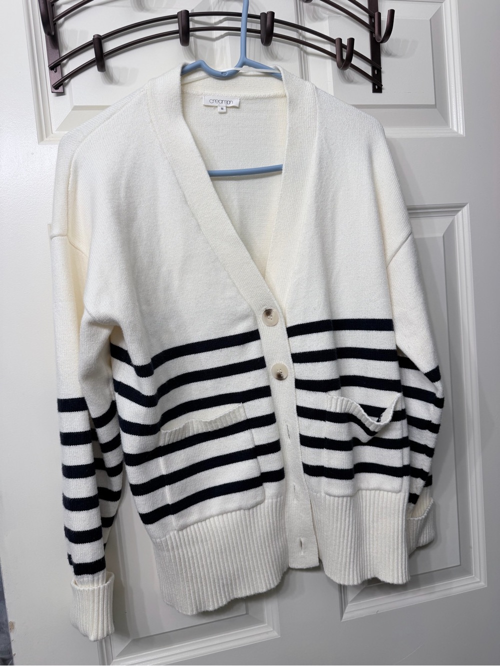 Cream & Black Striped V-Neck Cardigan Sweater